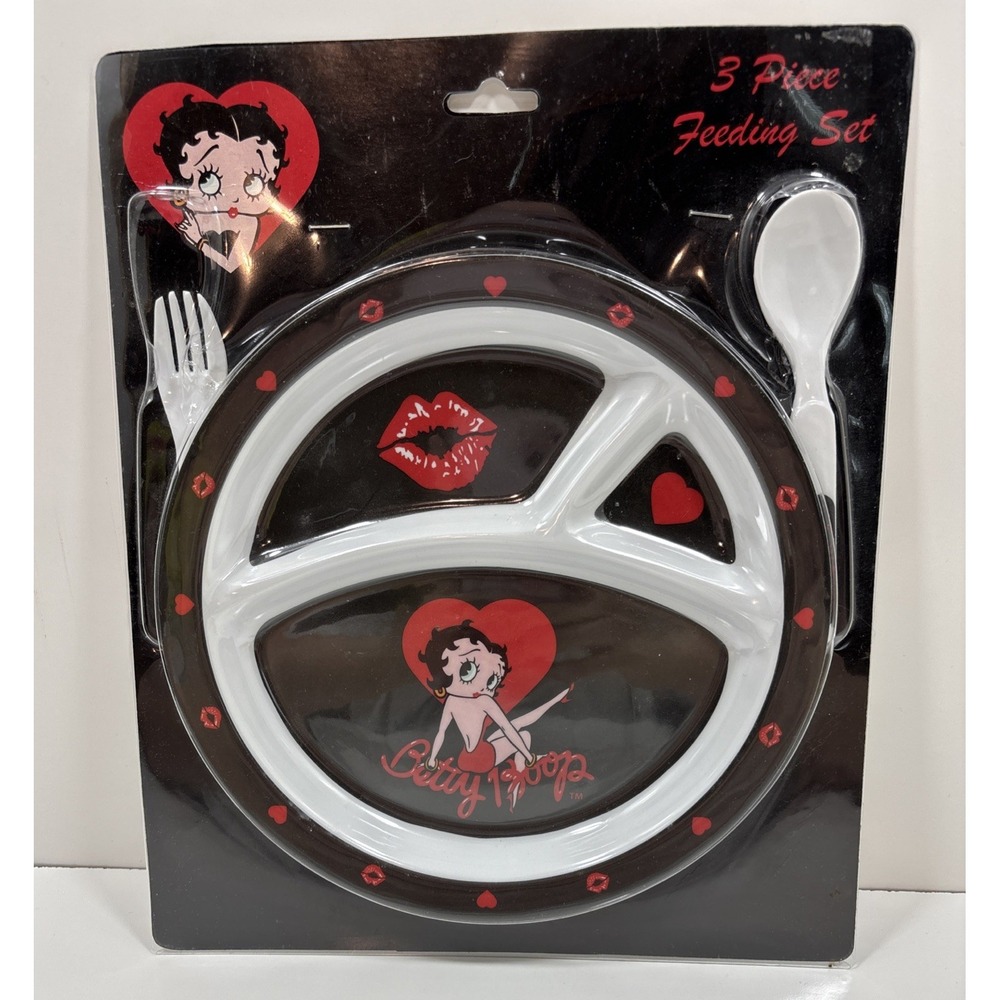 New Betty Boop 3 Piece‎ Feeding Set Hearts & Lips Divided Plate Fork Spoon 2003